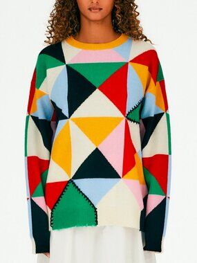 Tibi Pop-Multi Patchwork Intarsia Wool Sweater